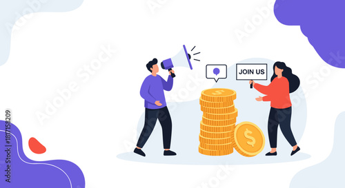 Businessman using a megaphone for a hiring announcement inviting people to join their team for a promising career opportunity.