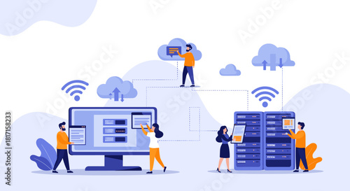 IT specialists managing data transfer and synchronization between local servers and cloud hosting services for a business network.