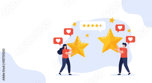 Man and woman holding giant golden stars to symbolize receiving positive customer reviews and a five-star rating for quality.