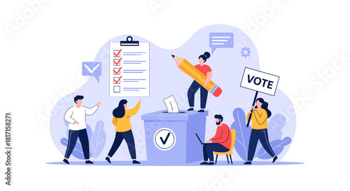 Group of citizens participating in a democratic election by casting ballots filling out forms and campaigning for their candidates.
