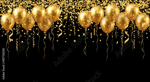 A cheerful party or celebration background with gold balloons and confetti on a black background.