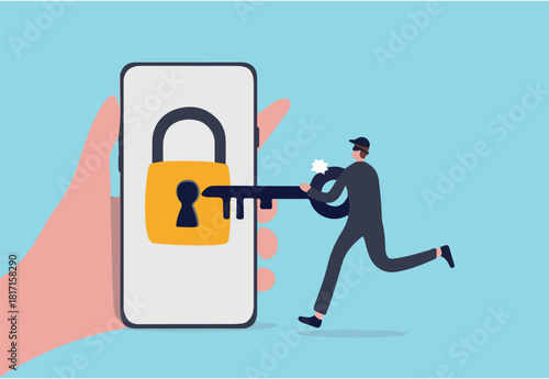 
Cyber security, hacker steal money online, phishing or digital banking threat concept, hand holding mobile smart phone with lock with keyhole with criminal thief using key to unl