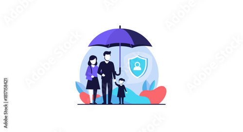 Abstract illustration of a family standing under the protection of a large umbrella symbolizing life and health insurance coverage.