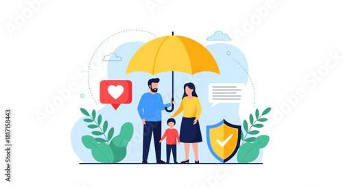 Happy family with a child is protected by an umbrella and shield symbolizing reliable and trusted life and health insurance.