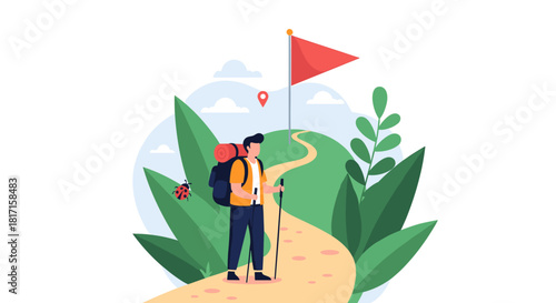 Male hiker with a backpack on an outdoor adventure following a path to reach the goal flag on top of a green hill.