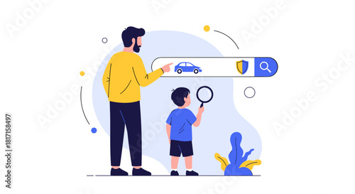 Father and son using a secure internet search bar with a magnifying glass to research and shop for a new car online safely.