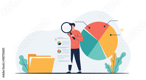 Businessman with a magnifying glass analyzing a financial report and a pie chart for a comprehensive business data audit.