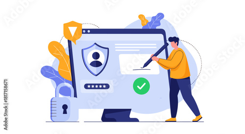 Man using a stylus to sign an electronic document on a secure computer screen representing digital signatures and data privacy.