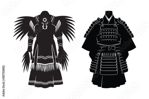 Two stylized black and white outfits one samurai armor one fantasy costume