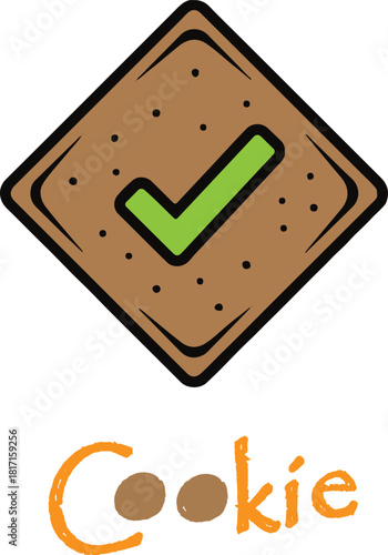 Brown square cookie with green checkmark and scattered dots with the word Cookie below biscuit approval
