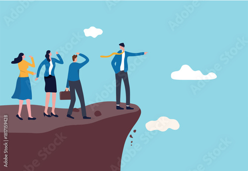 Wrong direction leader, stupid authoritarian boss, stupidity or mistake lead company and employees to sabotage or bad problem concept, stupid boss manager pointing order employees to jump off cliff.
