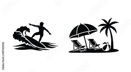 Black silhouette of a surfer beach umbrella and tropical island scene