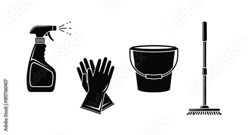 Cleaning supplies including spray bottle gloves bucket and mop illustration