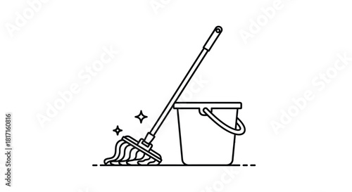 Simple line drawing of a mop and bucket cleaning set