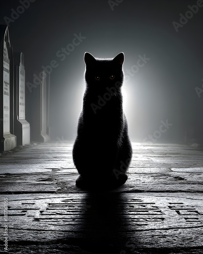 Mysterious black cat sits in a foggy graveyard at night, an enigmatic silhouette against the dim light.