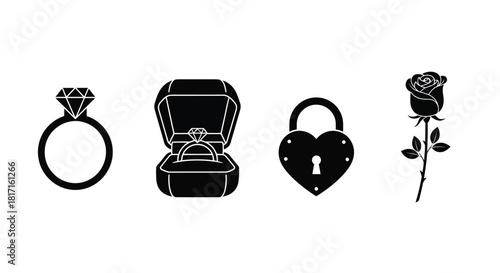 Romantic symbols including a ring box heart lock and rose