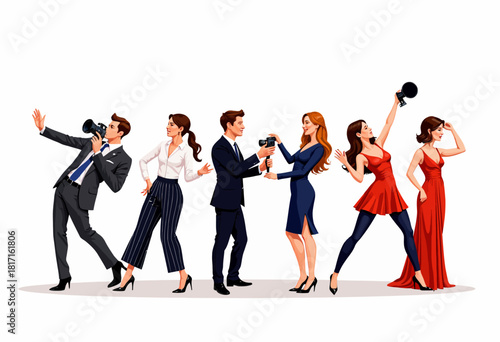 Elegant Group of Photographers and Models Engaging in Creative Photography Session in Stylish Outfits Against White Background Capturing Unique Poses