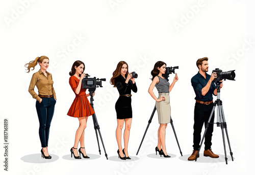 Diverse Group of Photographers and Videographers with Various Cameras and Tripods in Professional Studio Setting Capturing Images and Footage