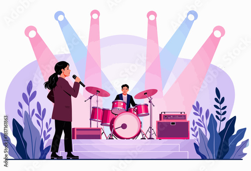 Illustrated Performance of a Singer and Drummer on Stage Amidst Vivid Lighting and Decorative Foliage in a Stylized Concert Setting