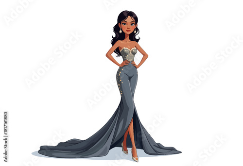 Elegant Woman in Glamorous Gray Gown with Intricate Detail and Flowing Train, Emanating Timeless Beauty and Sophistication in Modern Fashion Illustration