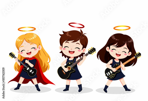 Three Adorable Cartoon Children Playing Electric Guitars with Angelic Halos in a Joyful Musical Performance