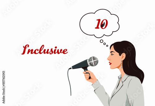 Illustration of a Thoughtful Presenter Holding a Microphone with a Speech Bubble Featuring the Number Ten for an Inclusive Discussion or Presentation Theme