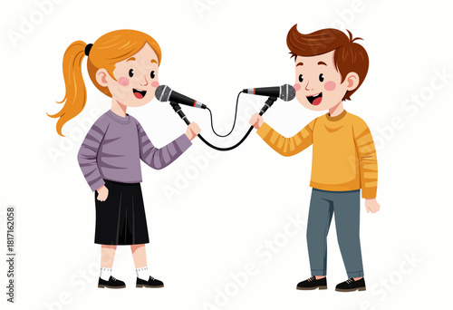 Illustration of a Smiling Boy and Girl Singing into Microphones Together on a White Background with a Fun and Playful Atmosphere