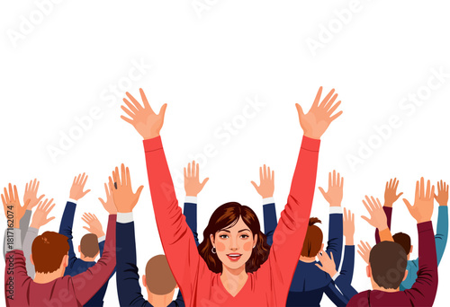 Confident Woman Standing Out in a Diverse Crowd with Raised Hands, Exuding Leadership and Inspiration in a Vibrant, Collaborative Environment