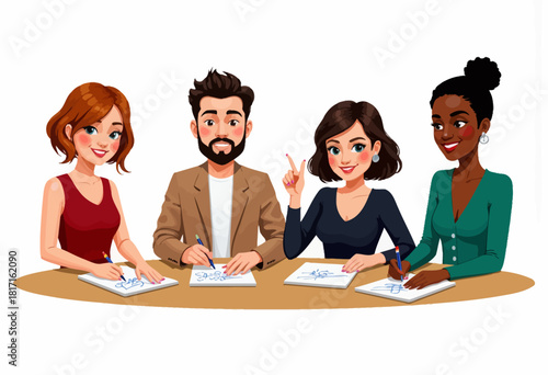 Animated Group of Colleagues Collaboratively Working on Sketches at a Table in a Lighthearted Meeting Setting