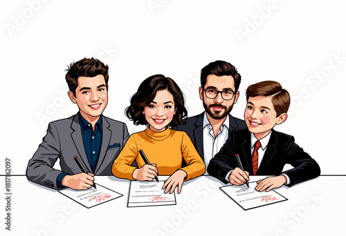 Four Individuals Signing Documents at a Table in a Casual and Professional Setting with Smiling Expressions and Diverse Styles