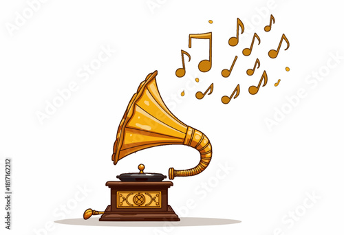 Illustration of a Vintage Gramophone with Golden Notes Flowing into the Air, Depicting the Charm and Nostalgia of Classic Music