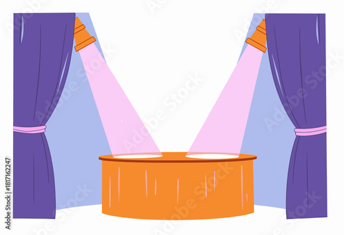 Illustration of an empty round stage with purple curtains and two spotlights casting a pink glow, creating a dramatic and theatrical atmosphere