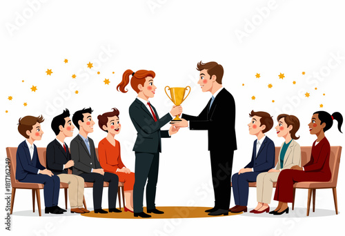 Illustration of a group of business professionals participating in an awards ceremony where a man and woman exchange a trophy in a conference setting