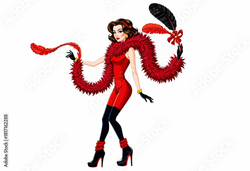 Stylish Illustration of a Glamorous Woman in Red Dress with Feather Boa and Elegant Accessories on White Background