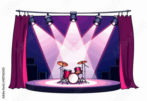 An empty stage with spotlights illuminating a drum set, surrounded by red curtains and a vibrant, colorful atmosphere.
