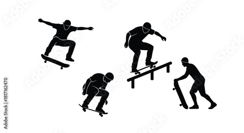Silhouettes of skateboarders performing tricks in a dynamic black and white illustration