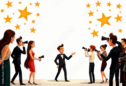 Elegant Individual Posing Confidently Under Starry Spotlight as Photographers Capture the Moment with Cameras in a Glamorous Event Setting