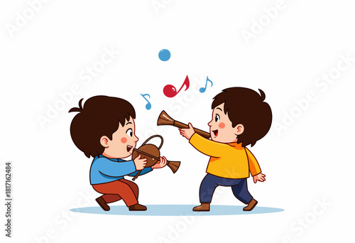 Two joyful children engaging in a playful activity, taking turns using musical instruments and exchanging laughter, amidst a bright and cheerful atmosphere.