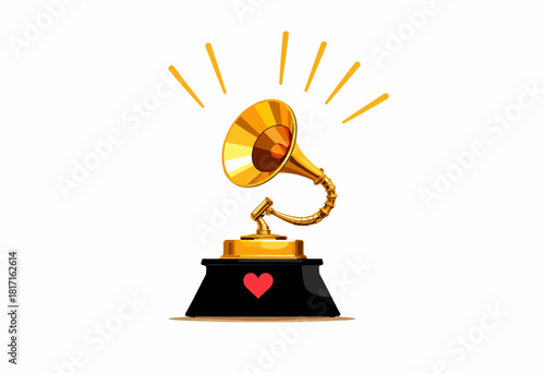 Artistic Golden Gramophone with Striking Heart Detail on Base Symbolizing Music Appreciation and Award Recognition in a Minimalist White Background