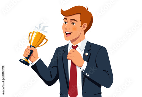 Excited Young Man in Suit Holding Gold Trophy Celebrating Achievement and Success with Enthusiastic Expression and Gesture