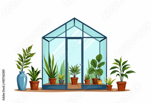 Illustration of a Glass Greenhouse Filled with Various Indoor Plants in Pots and a Blue Vase Amidst Lush Greenery on a Wooden Floor