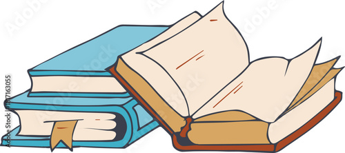 Three books stacked on top of each other with one open