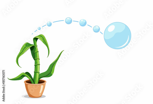Illustration of Bouncing Blue Bubbles Above a Green Plant with Curved Leaves in a Simple Terracotta Pot on White Background