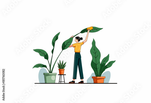 Illustration of Person Tending to Various Indoor Green Plants in Pots While Clipping Leaves for a Healthy and Vibrant Home Garden Environment