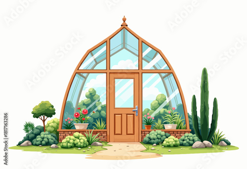 Charming Garden Greenhouse Surrounded by Lush Vegetation and Vibrant Flowers, Featuring Wooden Frame and Tall Glass Walls with Clear Blue Sky Reflections