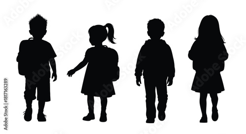 Silhouettes of four children with backpacks walking together in a line