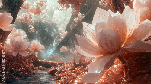 Fototapeta Naklejka Na Ścianę i Meble -  Colorful tropical reef life with a red nudibranch swimming near abstract blue coral in the deep ocean water  AI Generative