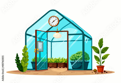 Illustration of a Vibrant Greenhouse with Lush Plants and a Prominent Clock Showing Time Inside a Clear Glass Structure Under Bright Sunlight