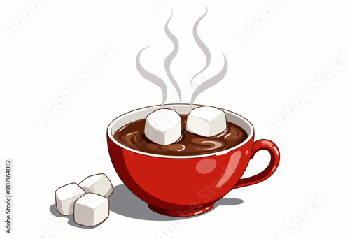 Steaming Hot Chocolate in a Red Cup Topped with Melting Marshmallows and Surrounded by Additional Soft White Marshmallows on a Cozy Day
