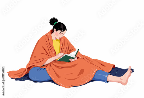 Illustration of a Relaxed Woman Sitting Comfortably Wrapped in a Warm Blanket and Immersed in a Book on a Casual Day Indoors